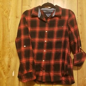 Tommy Hilfiger Women’s Red/Black Plaid Shirt LS Country Roll Tab Sleeve Sz Sm/p